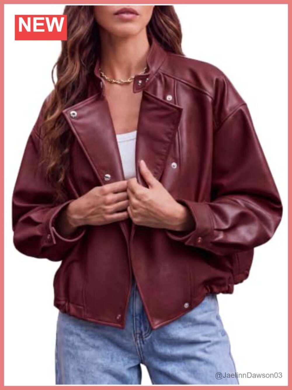 Oversized Faux Leather Moto Jacket Cropped Snap Button Coat